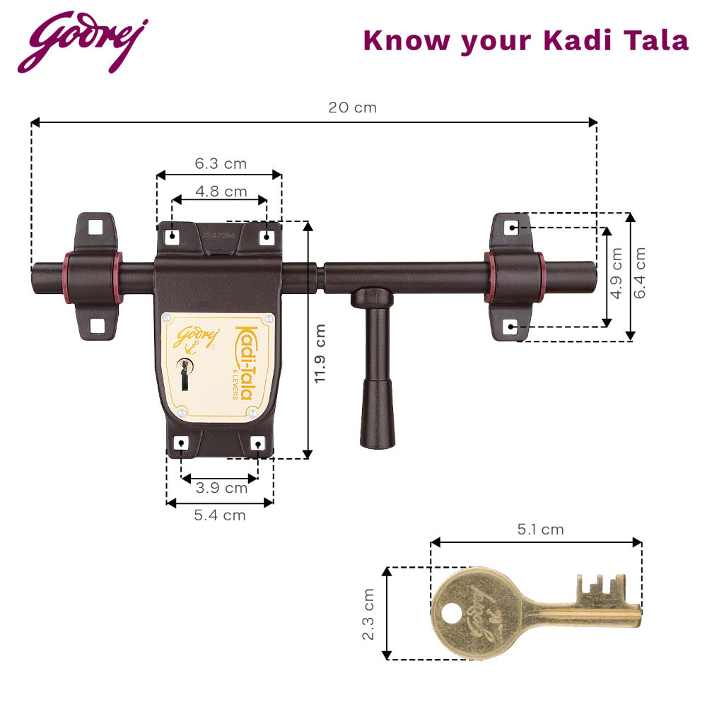 Godrej Locks I Kadi-Tala 6 Lever 275 mm I 3 keys I for Double Door, Fitting outside of door pannel I Aloy steel body double Locking Mechanism for main door I Brown Texture Finish